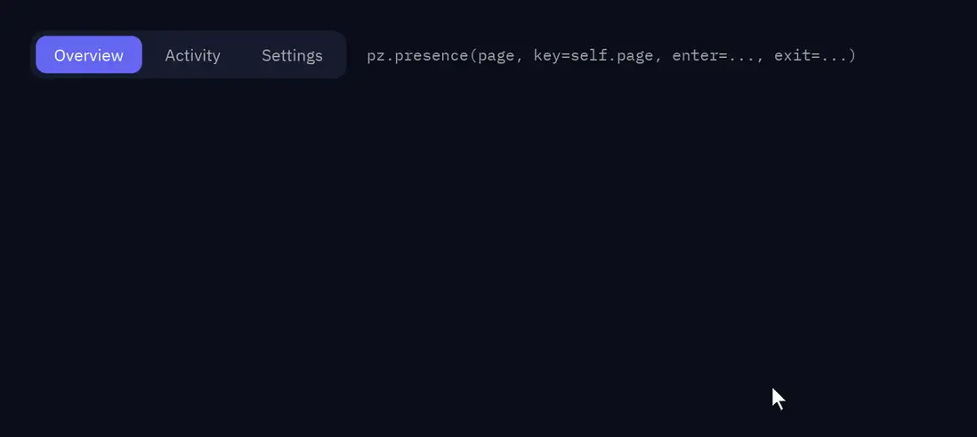 Three tabs: clicking one slides the old page out to the left while the new one comes in from the right, and its rows cascade in