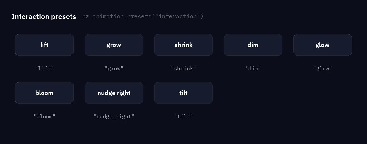 Ocho tarjetas que pasan a su aspecto de hover o press y vuelven