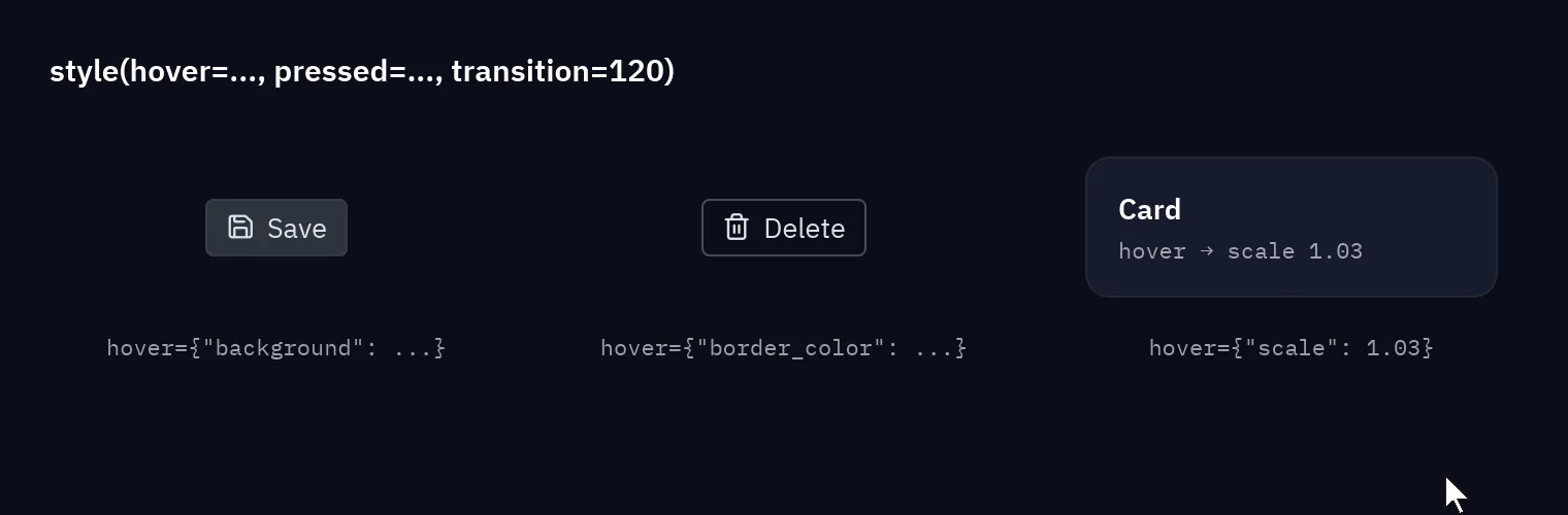 Three widgets reacting to the pointer: a button changes color and rises, an outline button turns red, a card grows a little with a colored border