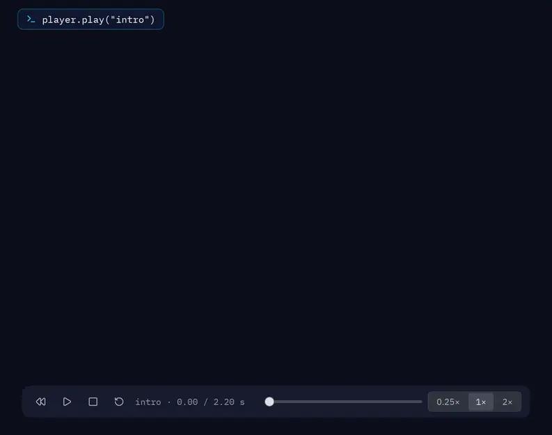 La pantalla de nivel completado controlada por el reproductor: play, pause, seek a 0.5 s, reproducir al revés y después a doble velocidad, con la llamada arriba y los controles siguiéndola