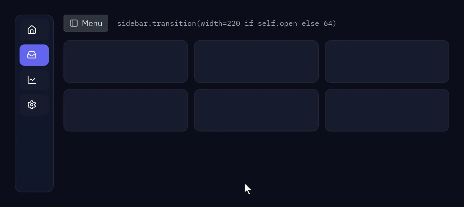 A sidebar narrows to icons and widens again when the Menu button is clicked, the cards beside it reflow, and the selected row’s color slides to another row