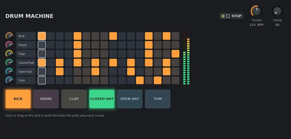 A drum machine playing: the playhead moving over a grid of steps, a pointer painting new tom steps, pads flashing