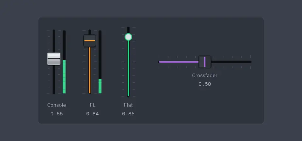 Three vertical faders with level meters and a horizontal crossfader moving