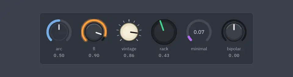 Six knobs turning: arc, FL Studio, vintage, rack, minimal and a bipolar one
