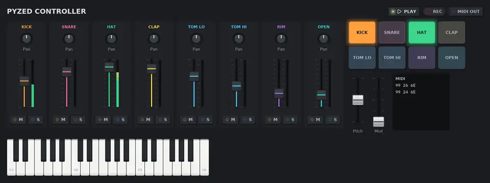 A MIDI controller playing a beat: eight channel strips with faders moving, pads lighting up and MIDI messages in a log
