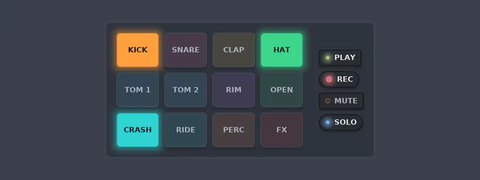 Una cuadrícula de 4×3 pads que se iluminan con un ritmo, junto a botones PLAY, REC, MUTE y SOLO