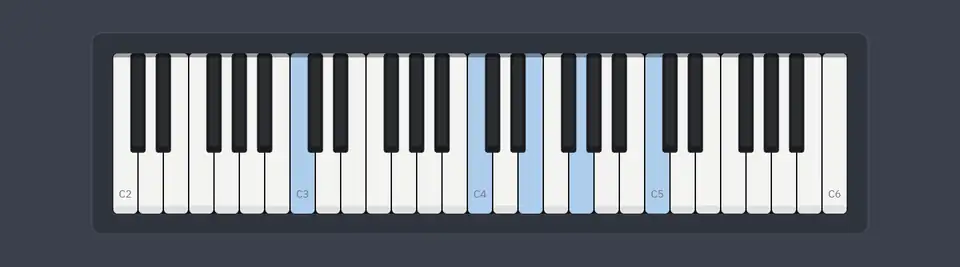 A four-octave keyboard lighting up a chord progression and an arpeggio