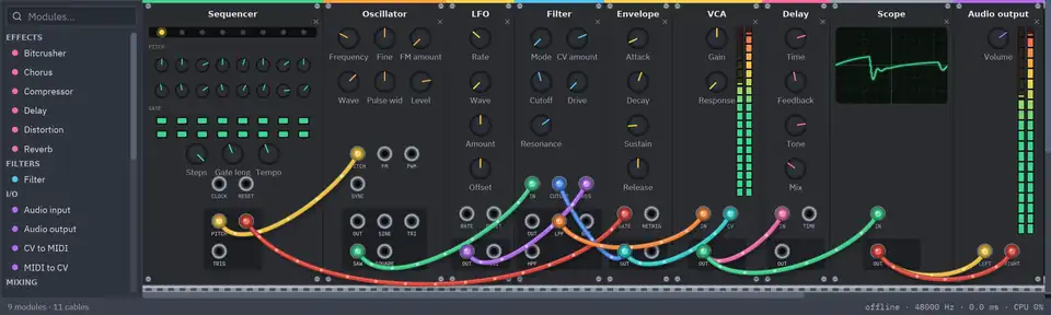 A modular rack: modules on rails, cables being plugged, a knob turning the filter
