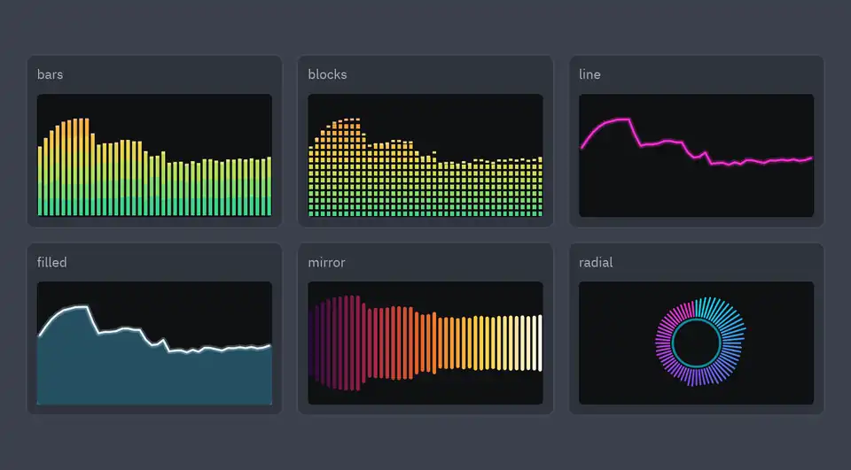 Six spectrum analyzers dancing to the same song: bars, blocks, line, filled, mirror and radial
