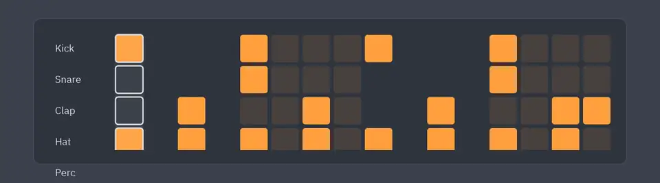 A five-row drum pattern with the playhead running across sixteen steps