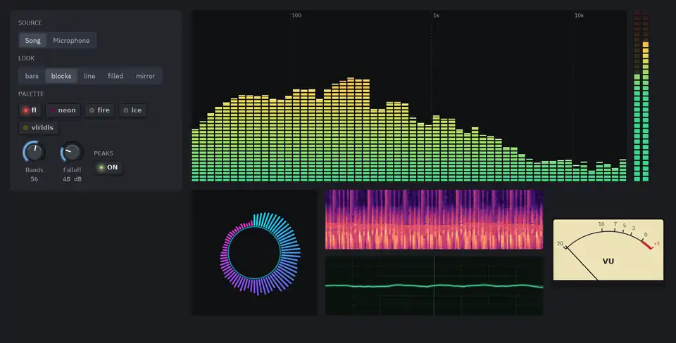 A visualizer cycling through looks: blocks, bars, filled, mirror and line spectrums, a radial one, a spectrogram, a scope and an analog VU meter