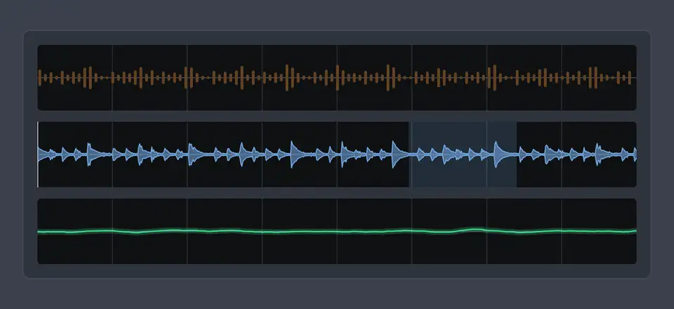 Three waveforms: rounded bars with a playhead, a mirrored envelope with a selection and a live glowing line