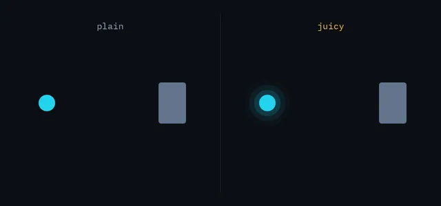 Two identical scenes side by side: on the left a ball hits a block and the block simply disappears; on the right the game pauses for an instant, the block flashes white, sparks fly, the screen shakes and the ball squashes