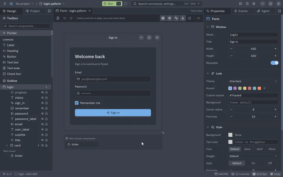 A Timer dragged from the toolbox onto the login form lands in the tray under the form, not on it; then the email text box and the form's ticker timer are selected from the Outline, where non-visual components are listed under Non-visual