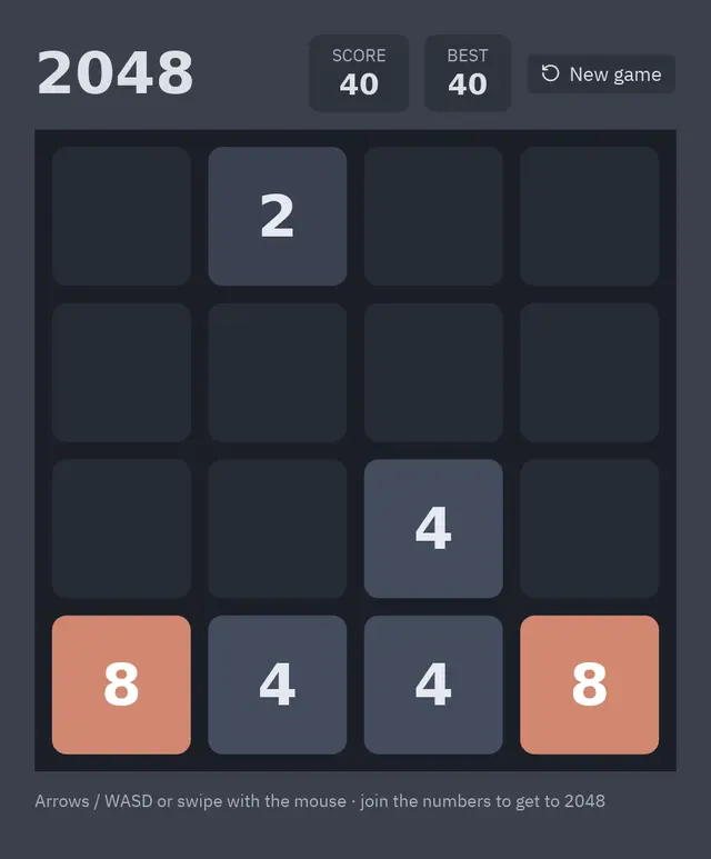 Numbered tiles sliding and merging on a 4 by 4 board