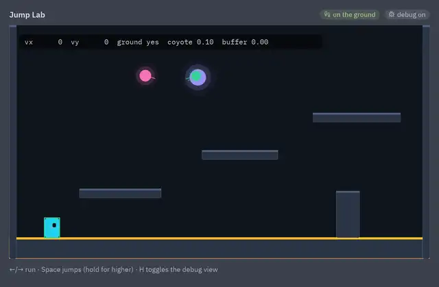 A box jumping between platforms with its jump arc traced