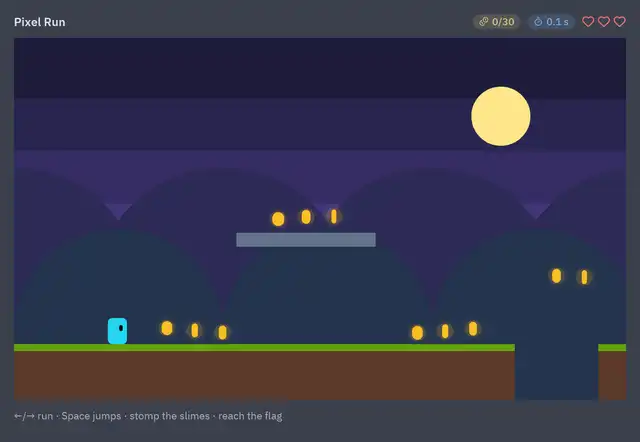 A hero running and jumping through a scrolling level with coins and slimes