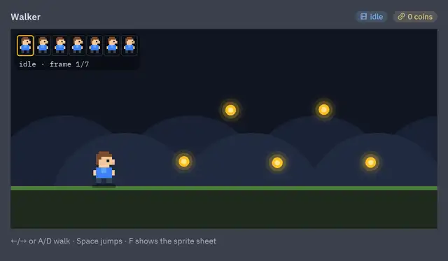 A pixel-art hero walking, jumping and collecting coins