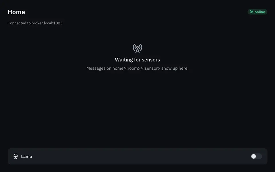 The MQTT dashboard example: sensor tiles that update as messages arrive