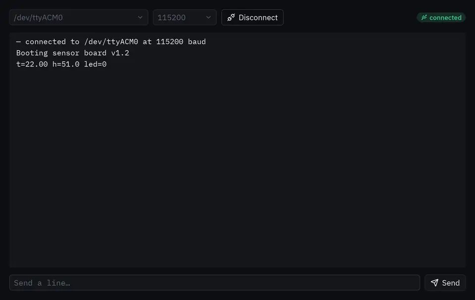 The serial monitor example reading a board and sending it a command