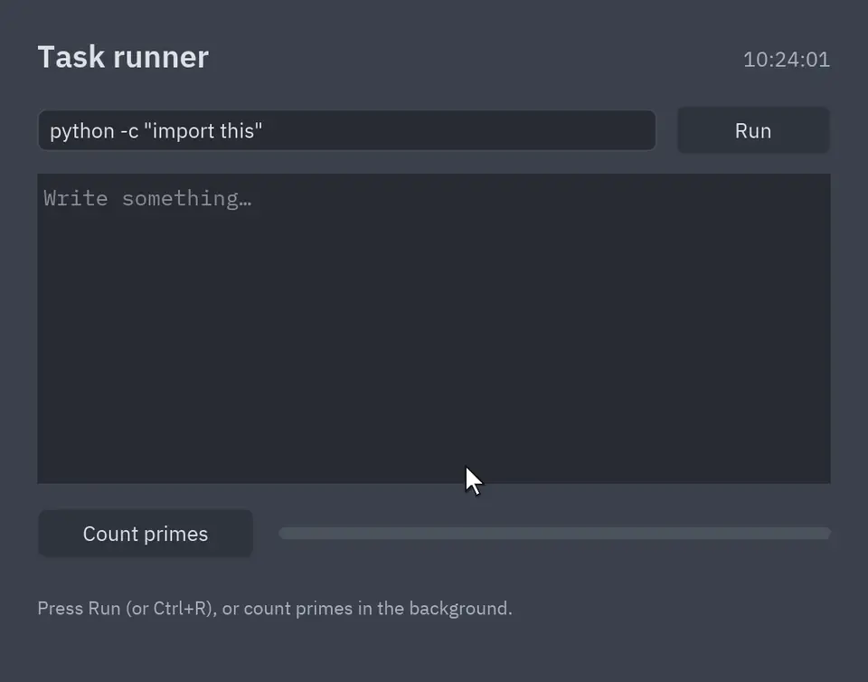 The Task runner example running: the process streams its output, the timer moves the clock and the worker fills the progress bar